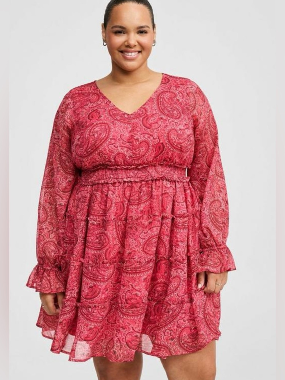 torrid Red/Pink Paisley V-Neck Tiered Long-Sleeve Dress
